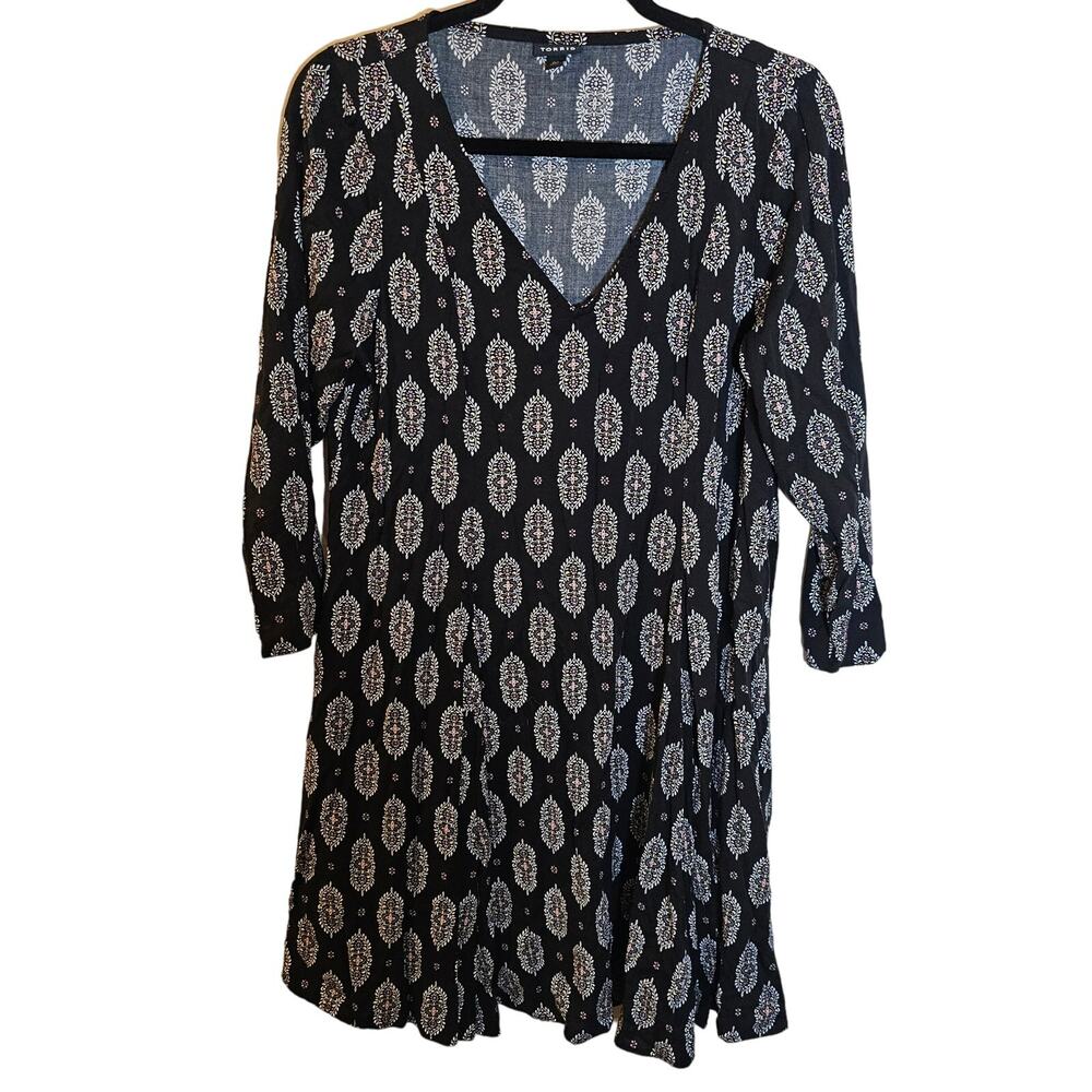 Torrid Black Dress Womens Size Medium 00 Boho Work Mini Challis Trapeze White - Picture 2 of 8